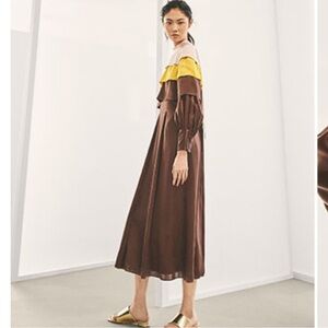 Massimo Dutti 100% Mulberry Silk Brown and Yellow Long Sleeve Midi Dress - Sz:10